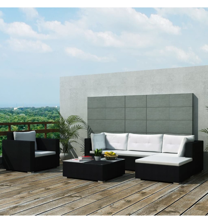 Salon de jardin 6 pcs avec coussins Résine tressée Noir | Mobilier & Déco