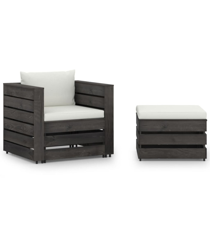Salon de jardin 2 pcs avec coussins Bois imprégné de gris | Mobilier & Déco