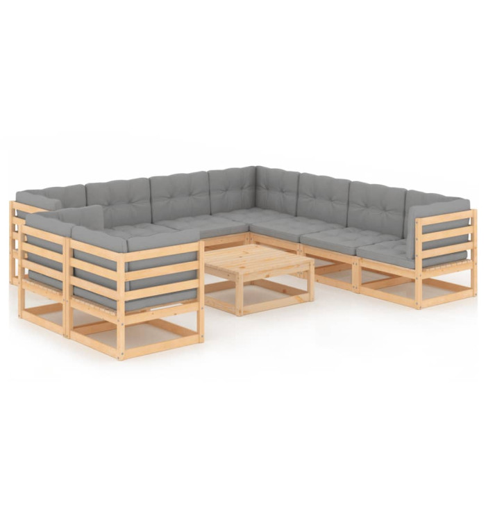 Salon de jardin 10 pcs avec coussins Bois de pin massif | Mobilier & Déco