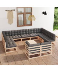 Salon de jardin 12 pcs avec coussins Bois de pin massif | Mobilier & Déco
