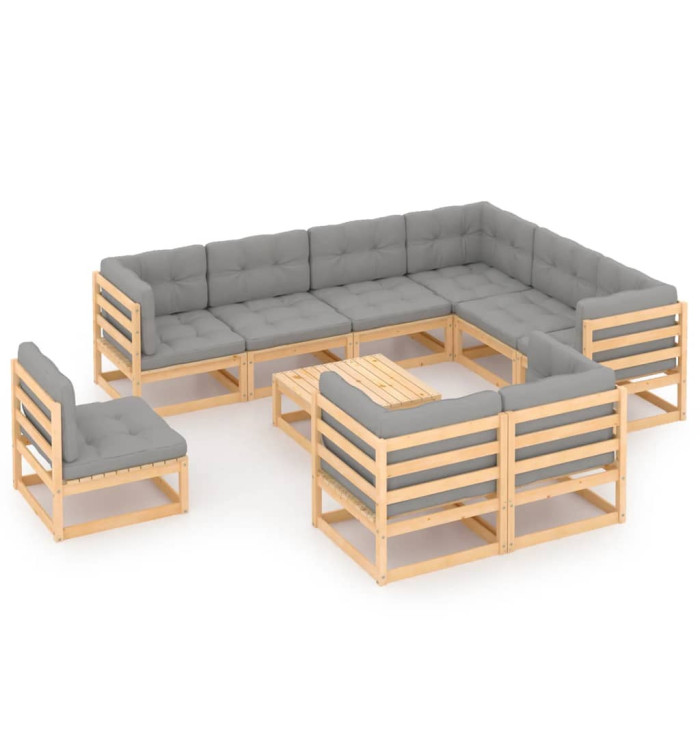 Salon de jardin 10 pcs avec coussins Bois de pin massif | Mobilier & Déco