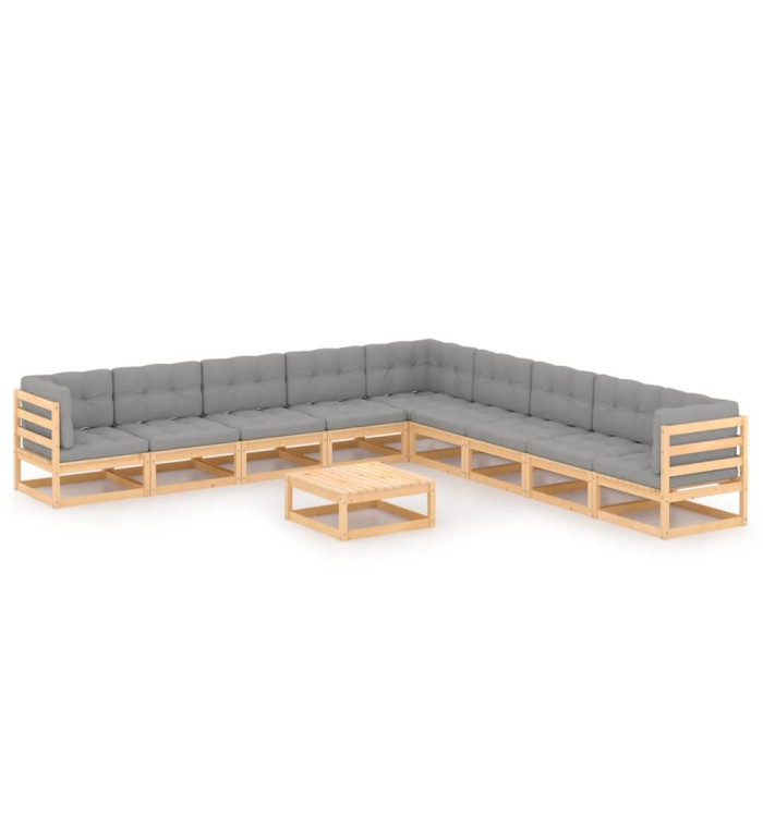 Salon de jardin 10 pcs avec coussins Bois de pin massif | Mobilier & Déco