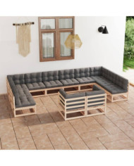 Salon de jardin 12 pcs avec coussins Bois de pin massif | Mobilier & Déco