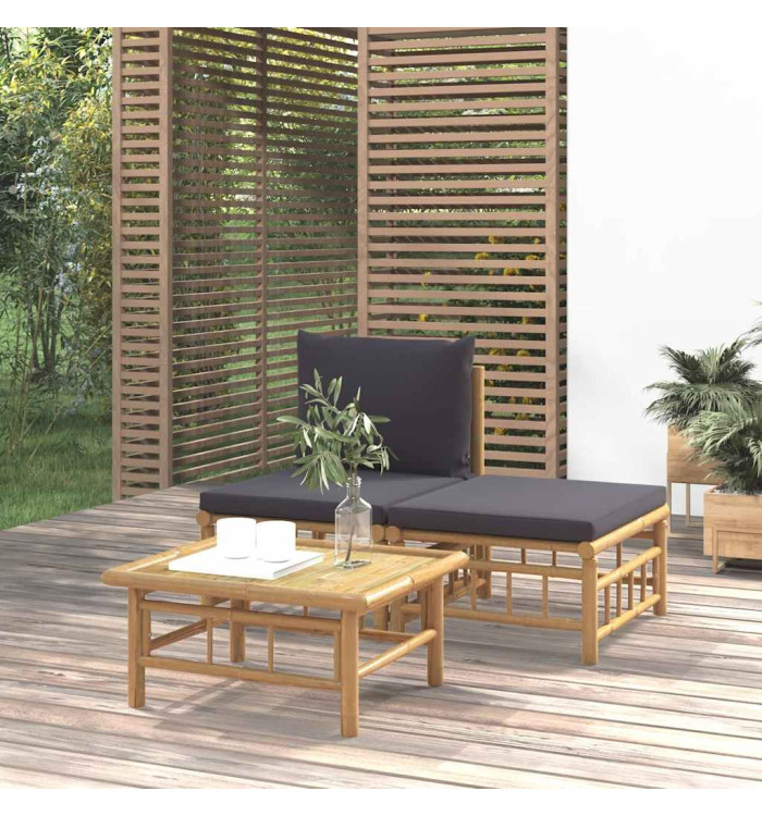 Salon de jardin 3 pcs avec coussins gris foncé bambou | Mobilier & Déco