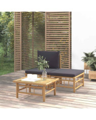 Salon de jardin 3 pcs avec coussins gris foncé bambou | Mobilier & Déco