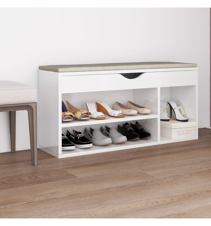 Banc à chaussures avec coussin Blanc brillant Bois d'ingénierie | Mobilier & Déco