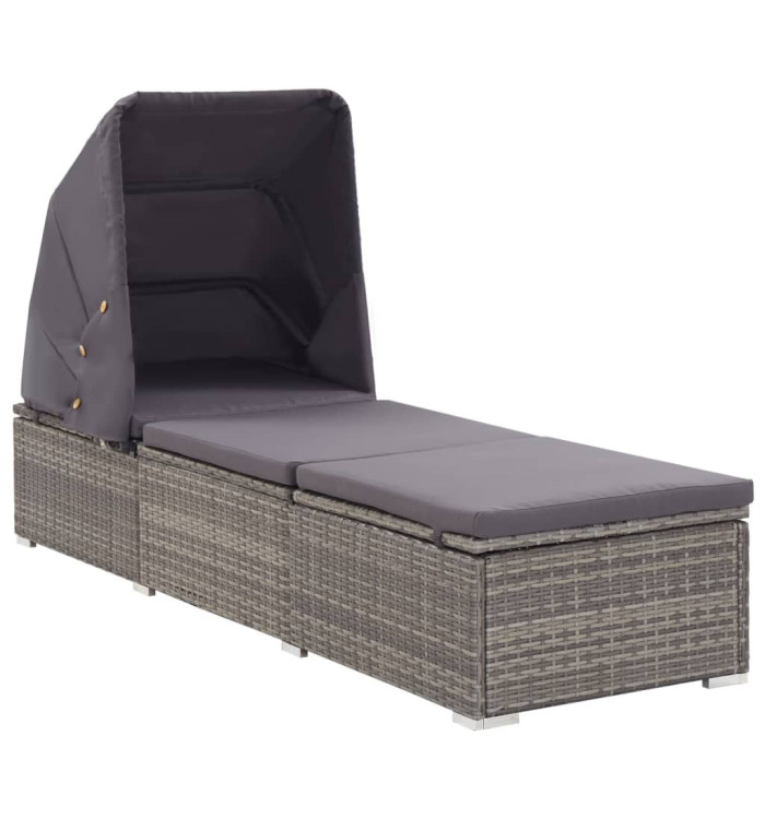 Chaise longue avec auvent et coussin Résine tressée Gris | Mobilier & Déco