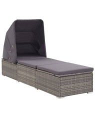 Chaise longue avec auvent et coussin Résine tressée Gris | Mobilier & Déco