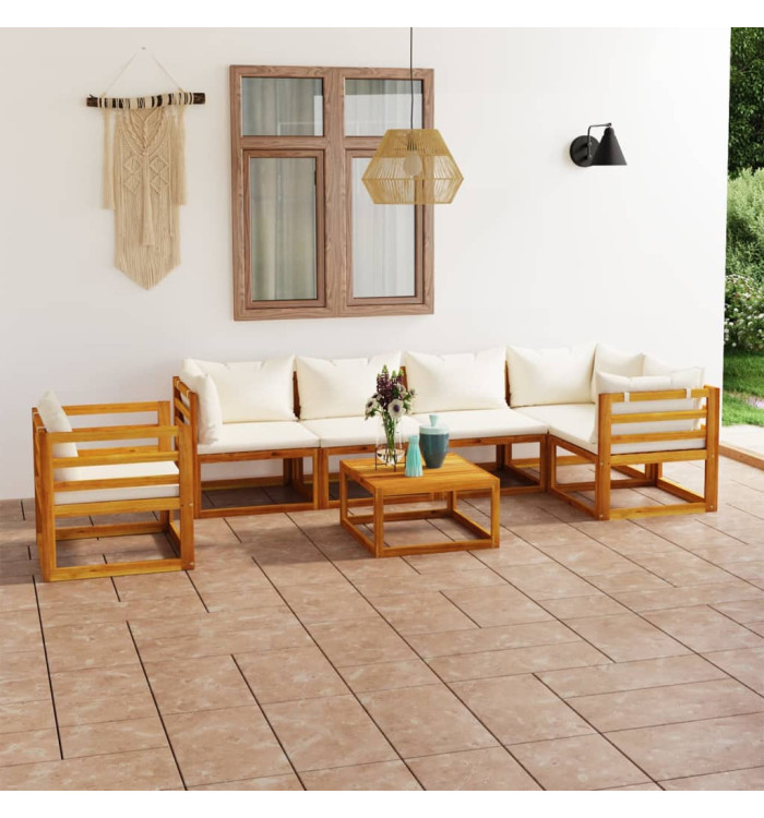 Salon de jardin 7 pcs avec coussin Crème Bois d'acacia solide | Mobilier & Déco