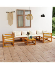 Salon de jardin 7 pcs avec coussin Crème Bois d'acacia solide | Mobilier & Déco