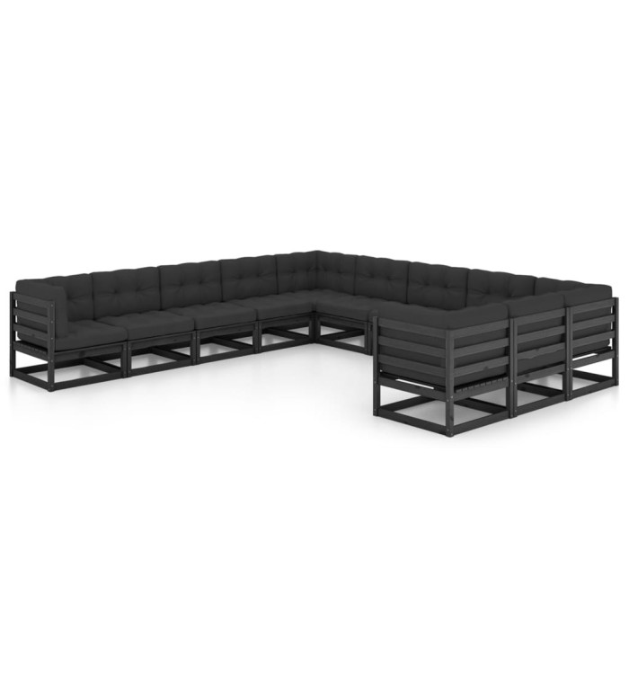 Salon de jardin 11 pcs avec coussins Noir Bois de pin massif | Mobilier & Déco