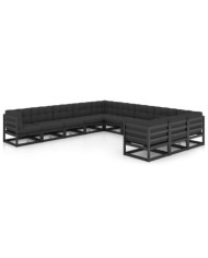 Salon de jardin 11 pcs avec coussins Noir Bois de pin massif | Mobilier & Déco