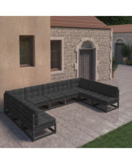 Salon de jardin 9 pcs avec coussins noir bois de pin massif | Mobilier & Déco