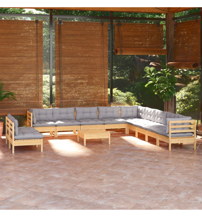 Salon de jardin 12 pcs avec coussins gris Bois de pin massif | Mobilier & Déco
