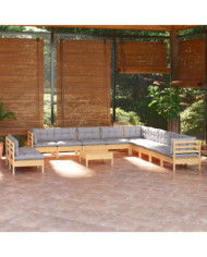 Salon de jardin 12 pcs avec coussins gris Bois de pin massif | Mobilier & Déco