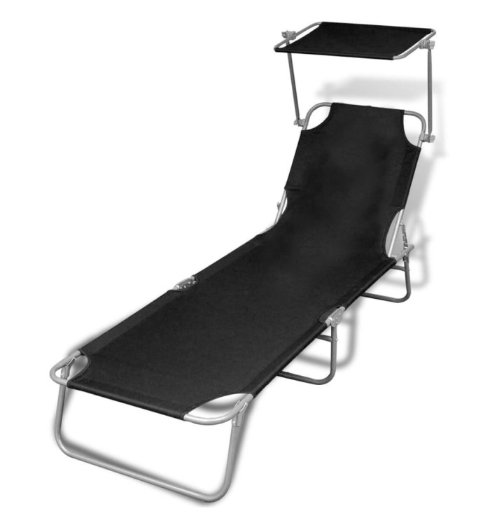 Chaise longue pliable avec auvent acier et tissu noir | Mobilier & Déco
