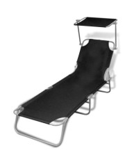 Chaise longue pliable avec auvent acier et tissu noir | Mobilier & Déco