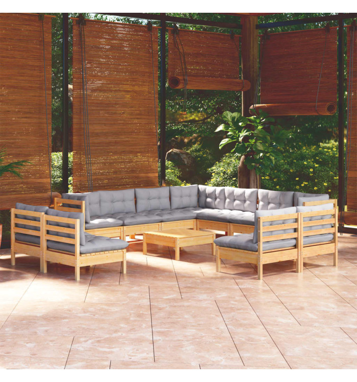 Salon de jardin 12 pcs avec coussins gris Bois de pin massif | Mobilier & Déco