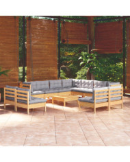 Salon de jardin 12 pcs avec coussins gris Bois de pin massif | Mobilier & Déco