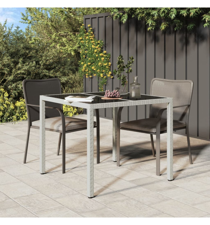 Table de jardin 90x90x75cm Verre trempé et résine tressée Blanc | Mobilier & Déco
