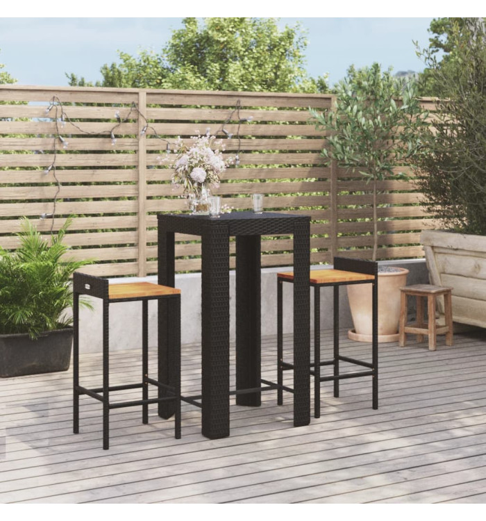 Ensemble de bar jardin 3 pcs noir poly rotin/bois massif acacia | Mobilier & Déco
