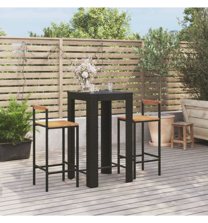 Ensemble de bar jardin 3 pcs noir poly rotin/bois massif acacia | Mobilier & Déco