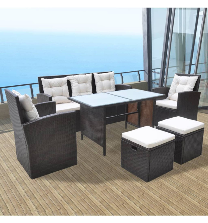Ensemble à manger d'extérieur avec coussins 6pcs Résine tressée | Mobilier & Déco