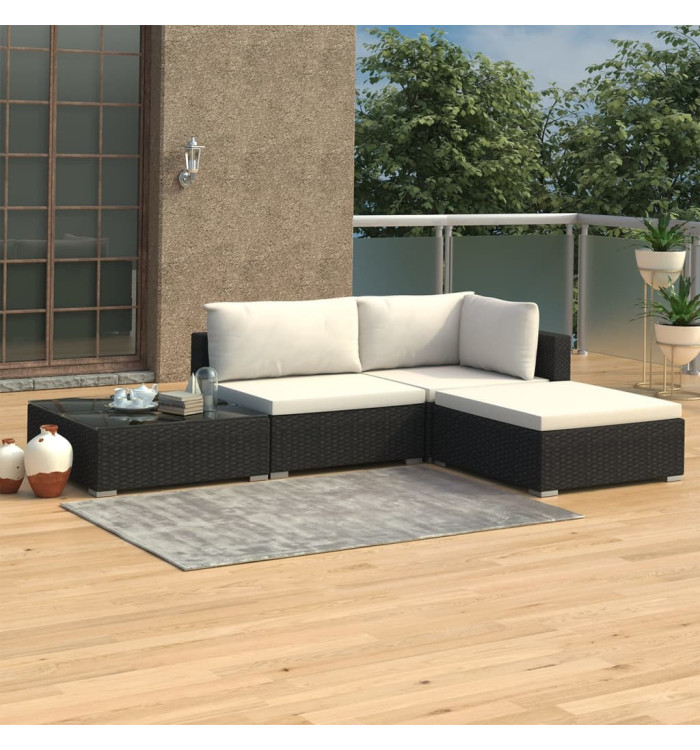 Salon de jardin 4 pcs avec coussins Résine tressée Noir | Mobilier & Déco