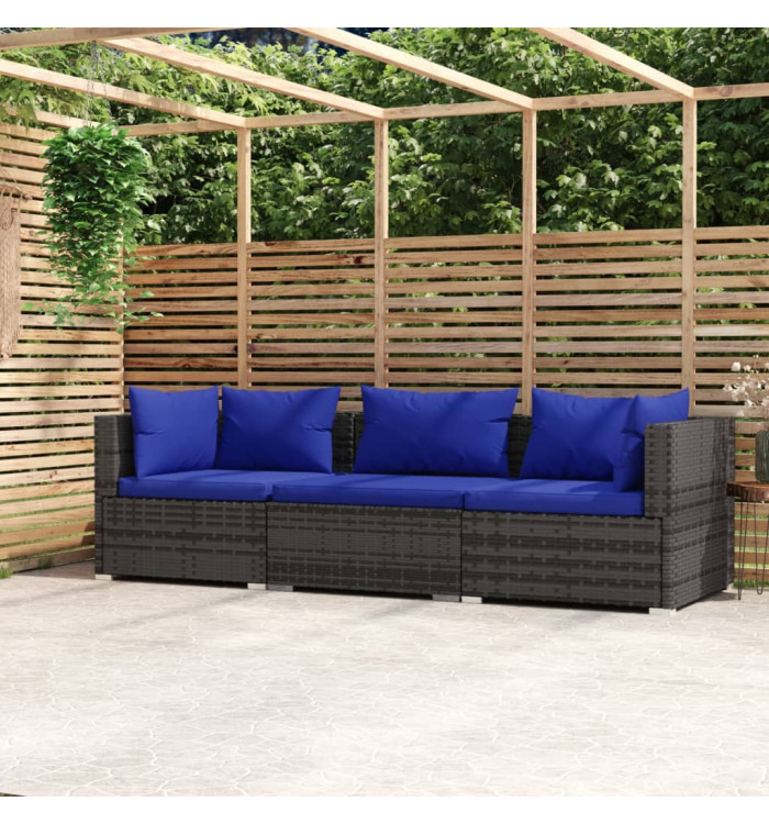 Canapé 3 places avec coussins Gris Résine tressée | Mobilier & Déco