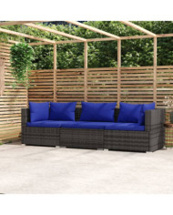 Canapé 3 places avec coussins Gris Résine tressée | Mobilier & Déco