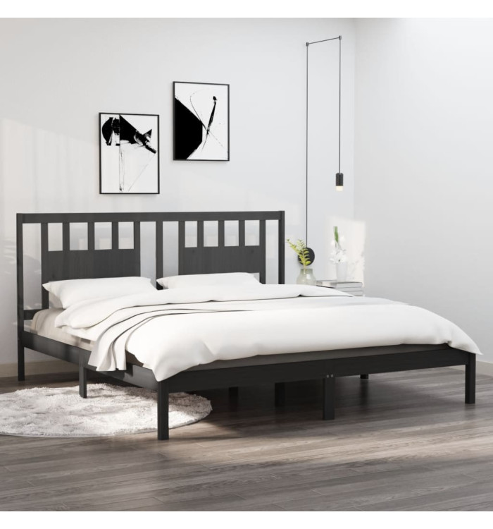 Cadre de lit sans matelas gris bois massif 200x200 cm | Mobilier & Déco