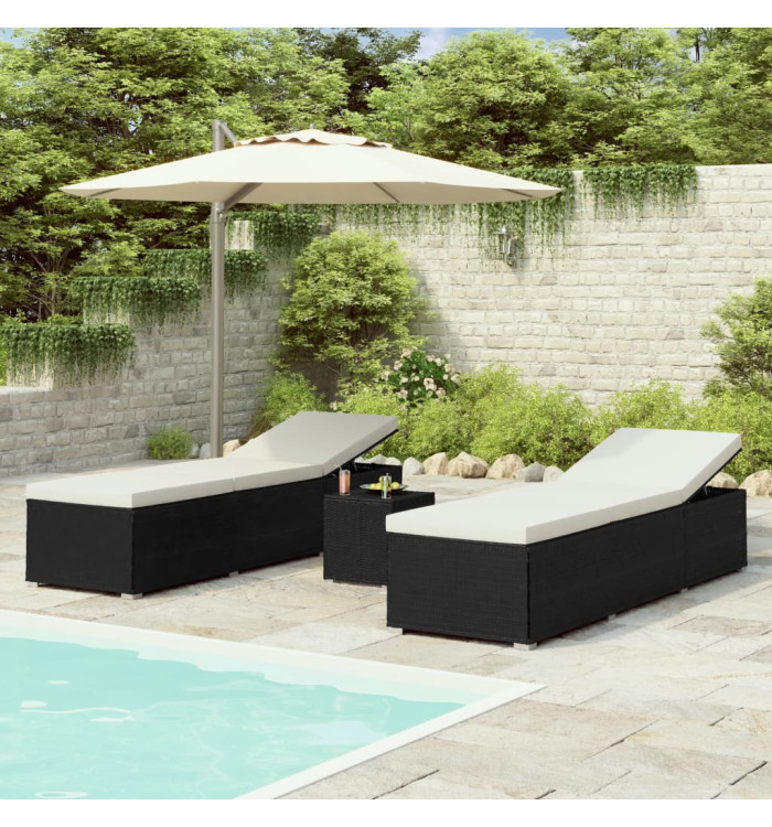 Chaises longues de jardin table à thé 3 pcs Résine tressée Noir | Mobilier & Déco