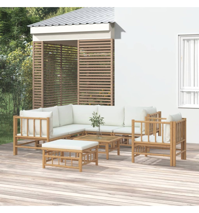 Salon de jardin 8 pcs avec coussins blanc crème bambou | Mobilier & Déco