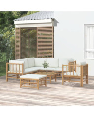 Salon de jardin 8 pcs avec coussins blanc crème bambou | Mobilier & Déco