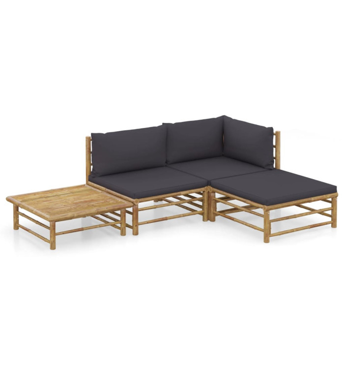 Salon de jardin 4 pcs avec coussins gris foncé bambou | Mobilier & Déco