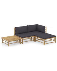 Salon de jardin 4 pcs avec coussins gris foncé bambou | Mobilier & Déco