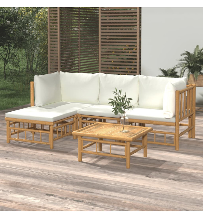 Salon de jardin 5 pcs avec coussins blanc crème bambou | Mobilier & Déco