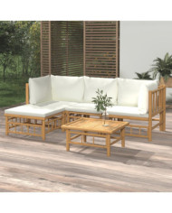 Salon de jardin 5 pcs avec coussins blanc crème bambou | Mobilier & Déco