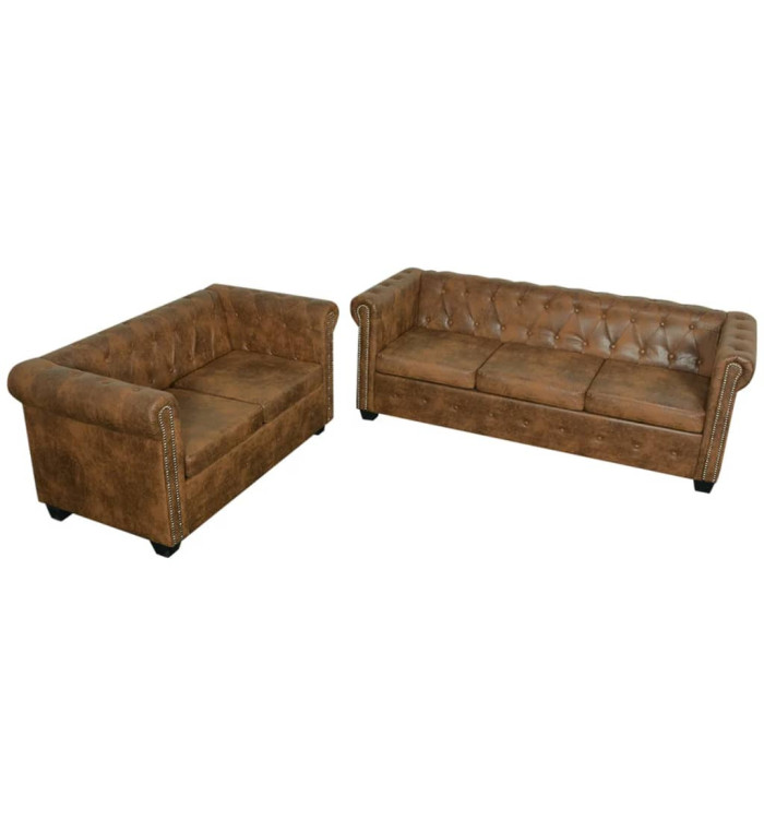 Ensemble de canapé Chesterfield à 2 et 3 places marron | Mobilier & Déco