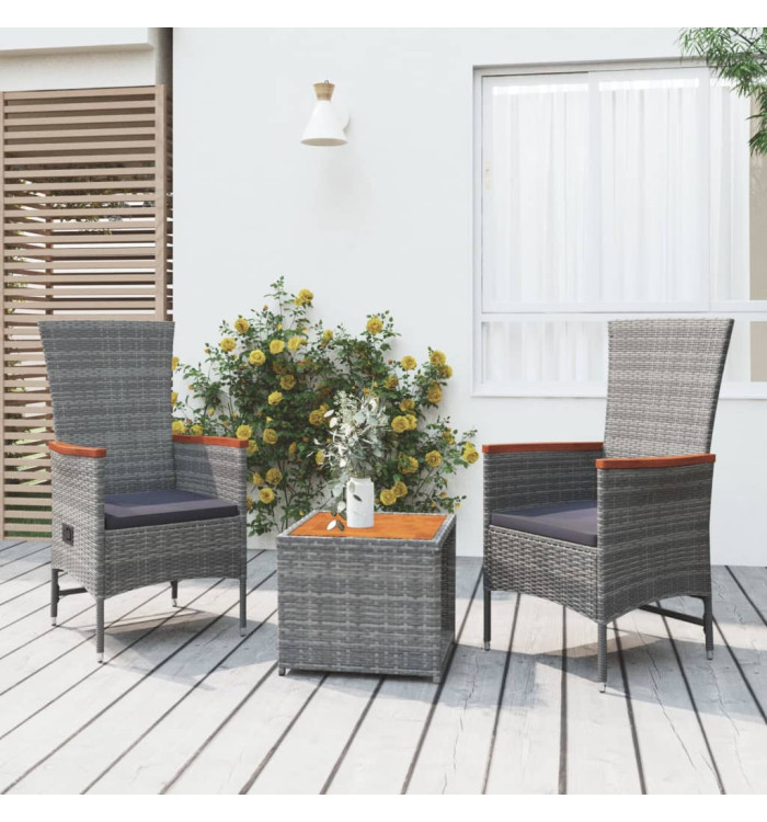 Ensemble de salon de jardin 3 pcs gris poly rotin et acacia | Mobilier & Déco