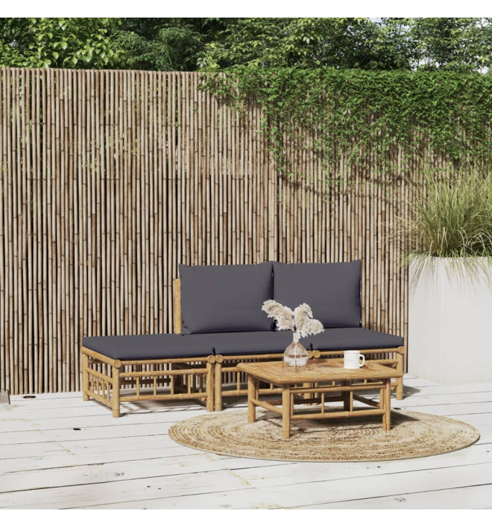 Salon de jardin 4 pcs avec coussins gris foncé bambou | Mobilier & Déco