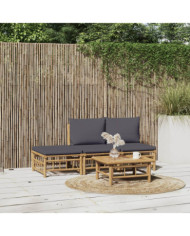 Salon de jardin 4 pcs avec coussins gris foncé bambou | Mobilier & Déco