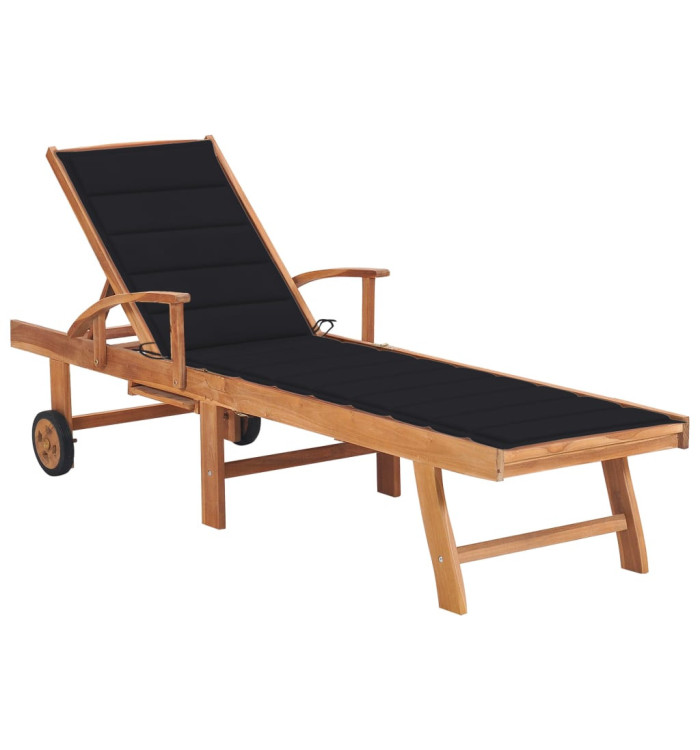 Chaise longue avec coussin noir Bois de teck solide | Mobilier & Déco