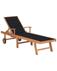 Chaise longue avec coussin noir Bois de teck solide | Mobilier & Déco