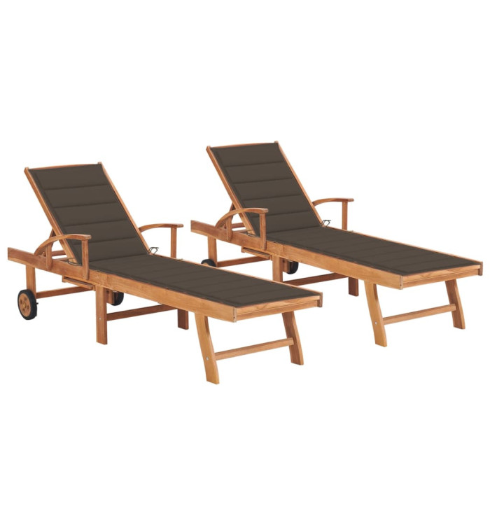 Chaises longues lot de 2 avec coussin taupe Bois de teck solide | Mobilier & Déco