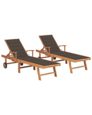 Chaises longues lot de 2 avec coussin taupe Bois de teck solide | Mobilier & Déco