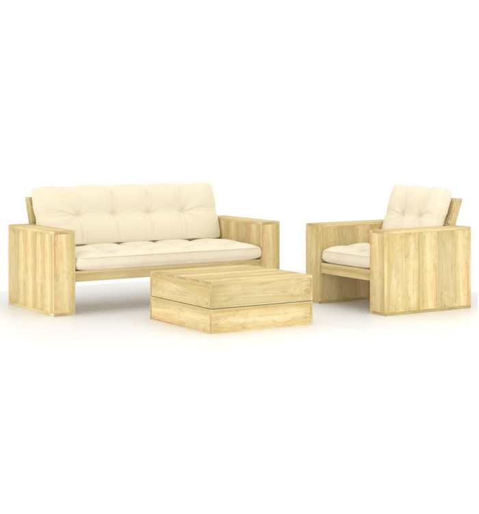 Salon de jardin 3 pcs avec coussins bois de pin imprégné | Mobilier & Déco