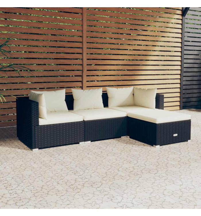 Salon de jardin 4 pcs avec coussins Résine tressée Noir | Mobilier & Déco