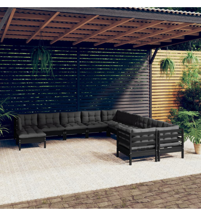 Salon de jardin 11 pcs avec coussins Noir Bois de pin | Mobilier & Déco