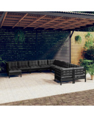 Salon de jardin 11 pcs avec coussins Noir Bois de pin | Mobilier & Déco
